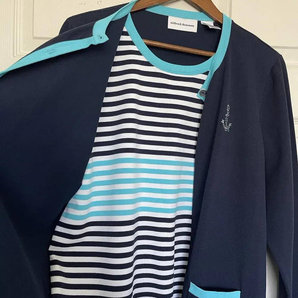 Alfred Dunner Sweater Cardigan Built In‎ Shirt Top Size L Blue Nautical Coastal